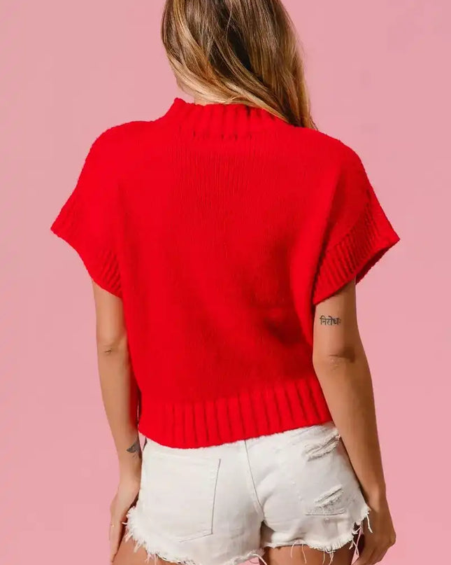 BiBi Rib Banded Heart Pattern Valentines Sweater - Sleekdenim.com