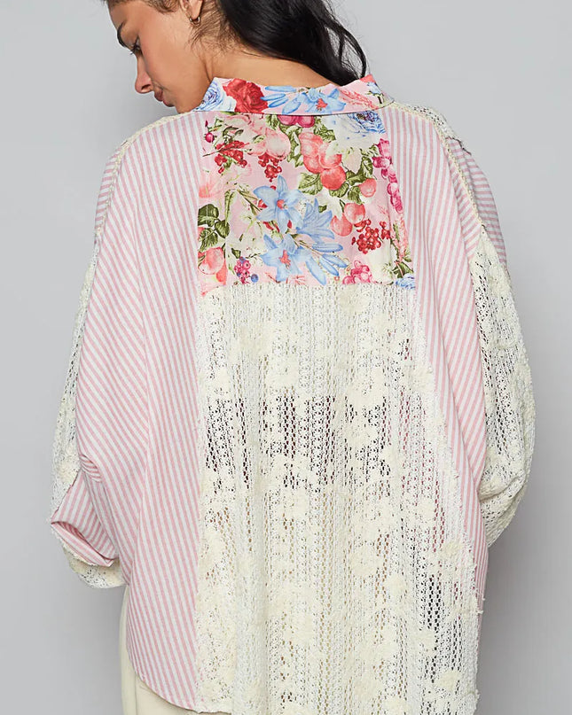 POL Lace Long Sleeve Shirt with Floral and Striped Pattern - Sleekdenim.com