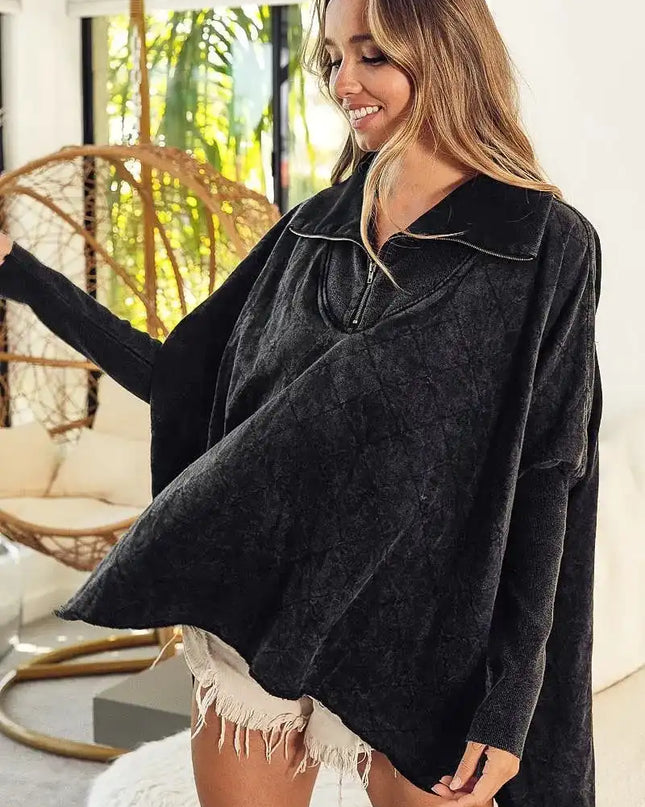 BiBi Vintage Washed Quilted Half Zip Top - Sleekdenim.com