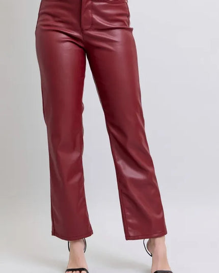 Judy Blue Full Size High Waist Tummy Control Faux Leather Straight Pants Plus Size - Sleekdenim.com