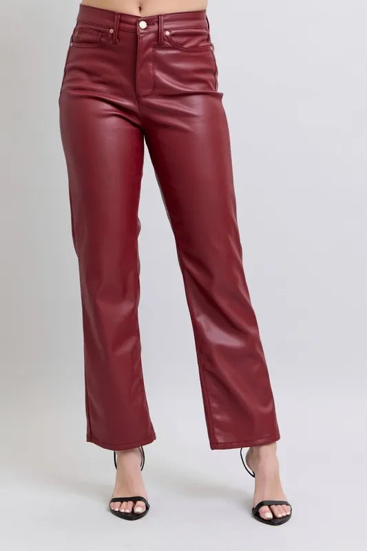Judy Blue Full Size High Waist Tummy Control Faux Leather Straight Pants Plus Size - Sleekdenim.com