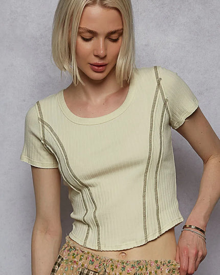 POL Contrast Stitching Round Neck Crop T-Shirt - Sleekdenim.com