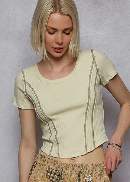 POL Contrast Stitching Round Neck Crop T-Shirt - Sleekdenim.com