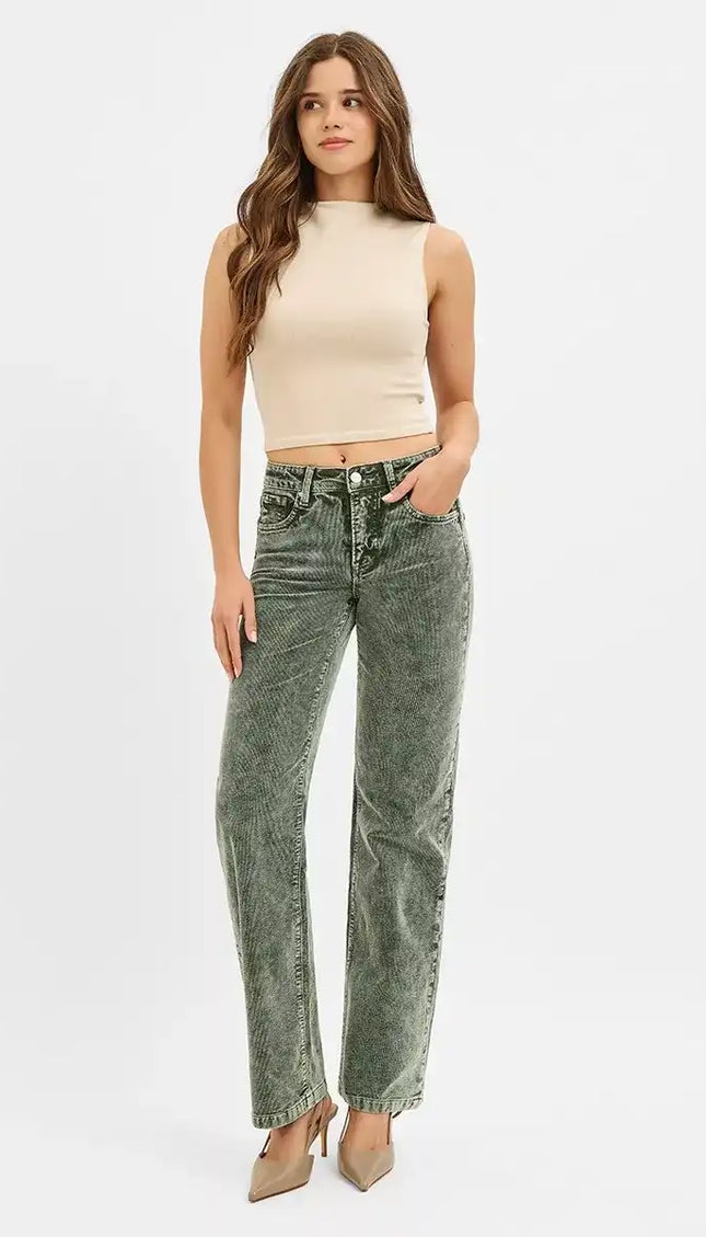 RISEN Tummy Control Mid Rise Straight Leg Corduroy Pants - Sleekdenim.com