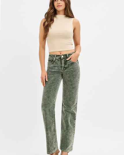 RISEN Tummy Control Mid Rise Straight Leg Corduroy Pants - Sleekdenim.com