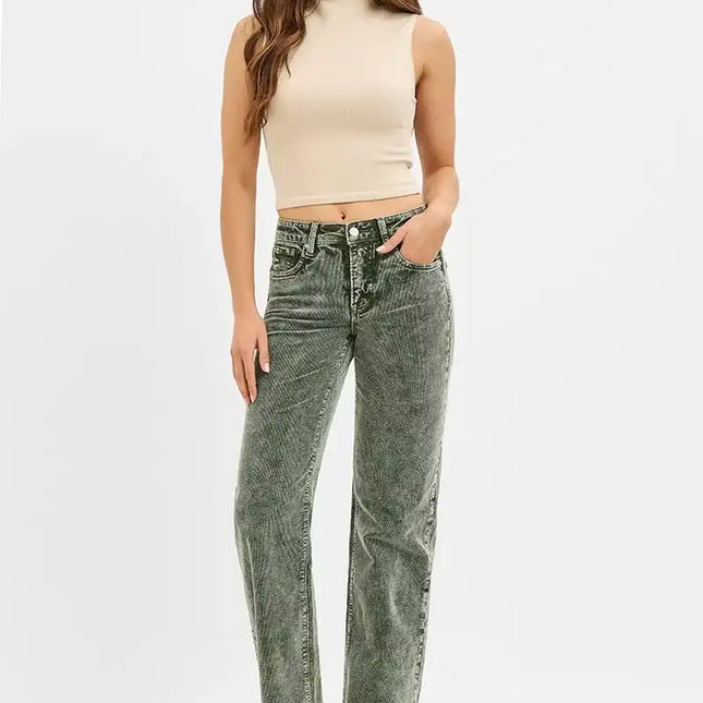 RISEN Tummy Control Mid Rise Straight Leg Corduroy Pants - Sleekdenim.com