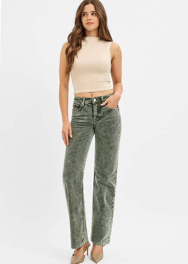 RISEN Tummy Control Mid Rise Straight Leg Corduroy Pants - Sleekdenim.com