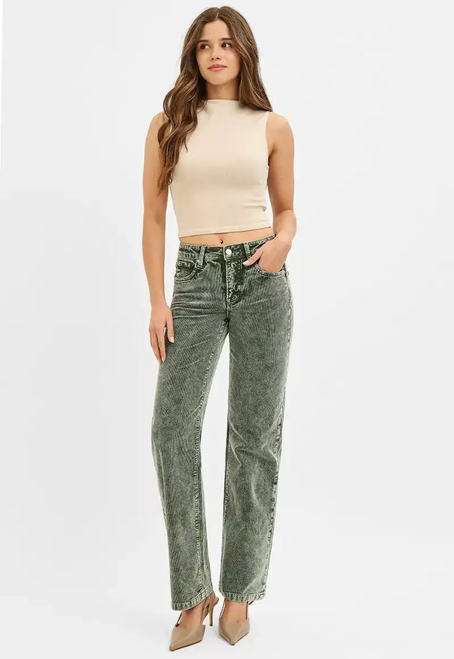 RISEN Tummy Control Mid Rise Straight Leg Corduroy Pants - Sleekdenim.com