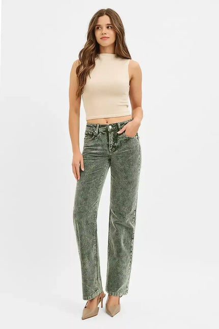 RISEN Tummy Control Mid Rise Straight Leg Corduroy Pants - Sleekdenim.com