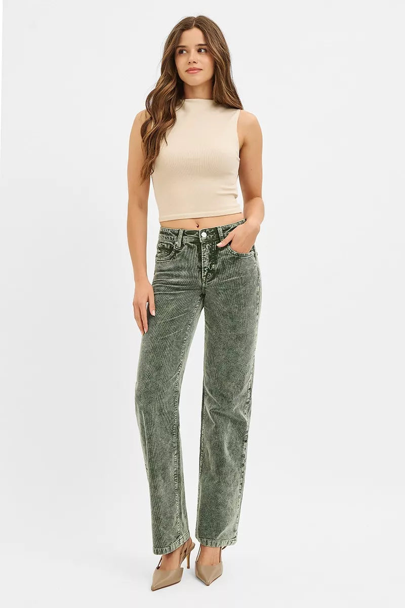 RISEN Tummy Control Mid Rise Straight Leg Corduroy Pants - Sleekdenim.com