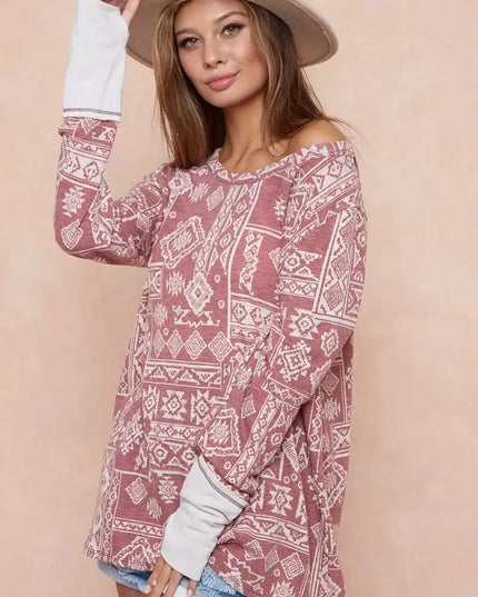 BiBi Aztec Print French Terry Top with Thumb Opening - Sleekdenim.com