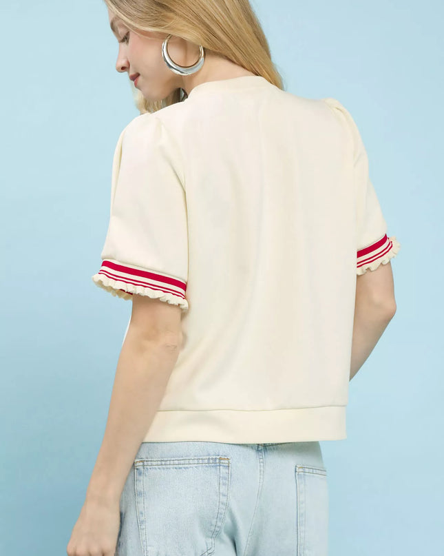 Umgee Puff Sleeve Button Front Top with Contrast Trim - Sleekdenim.com