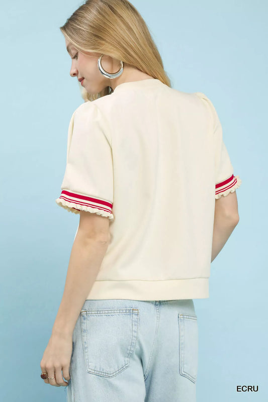 Umgee Puff Sleeve Button Front Top with Contrast Trim - Sleekdenim.com