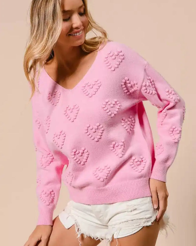 BiBi Valentines Heart Pompom V Neck Knit Top - Sleekdenim.com