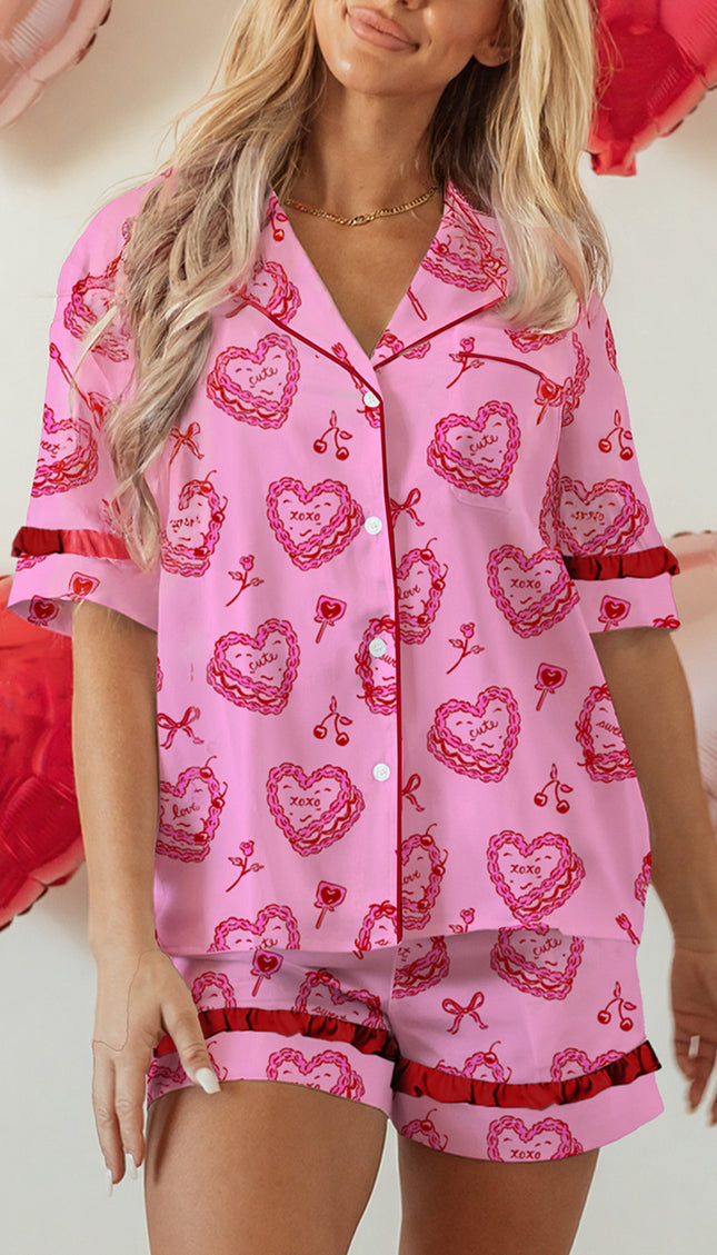 Pink Sweet Heart Cake Print Contrast Ruffle Trim Valentines 2pcs Pajama Set - Sleekdenim.com
