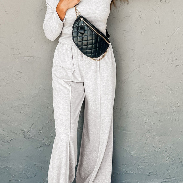 Light Grey Long Sleeve High Neck Slim Top Smocked Waist Central Seam Pants Set - Sleekdenim.com