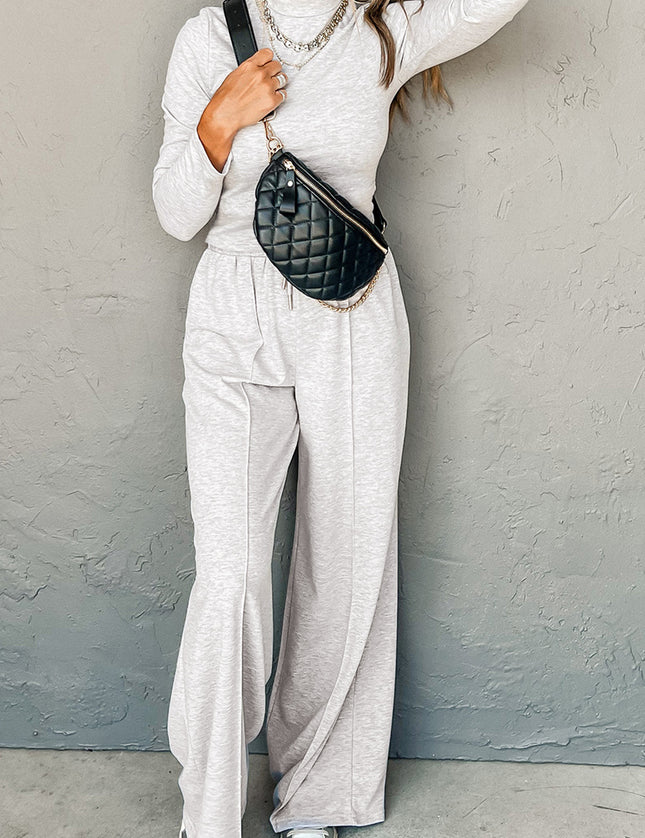 Light Grey Long Sleeve High Neck Slim Top Smocked Waist Central Seam Pants Set - Sleekdenim.com