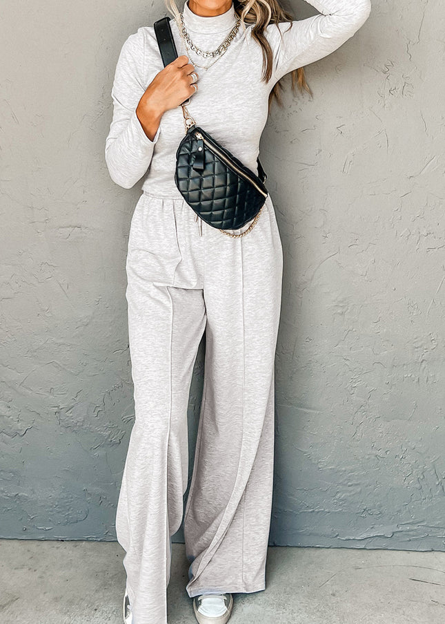 Light Grey Long Sleeve High Neck Slim Top Smocked Waist Central Seam Pants Set - Sleekdenim.com