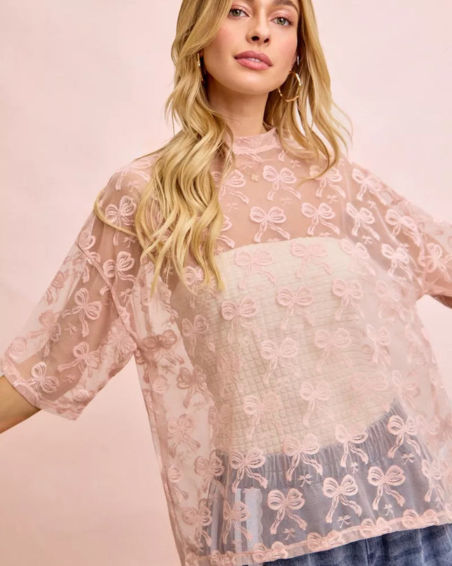 BiBi Bow Pattern Short Sleeves Boxy Mesh Top - Sleekdenim.com