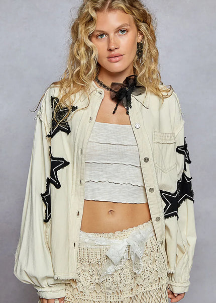 POL Star Patch Raw Hem Button Up Denim Jacket - Sleekdenim.com