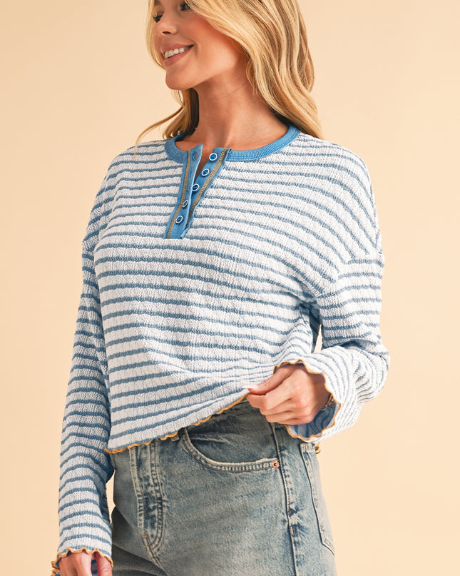 Sky Blue Stripe Textured Long Sleeve Henley Top
