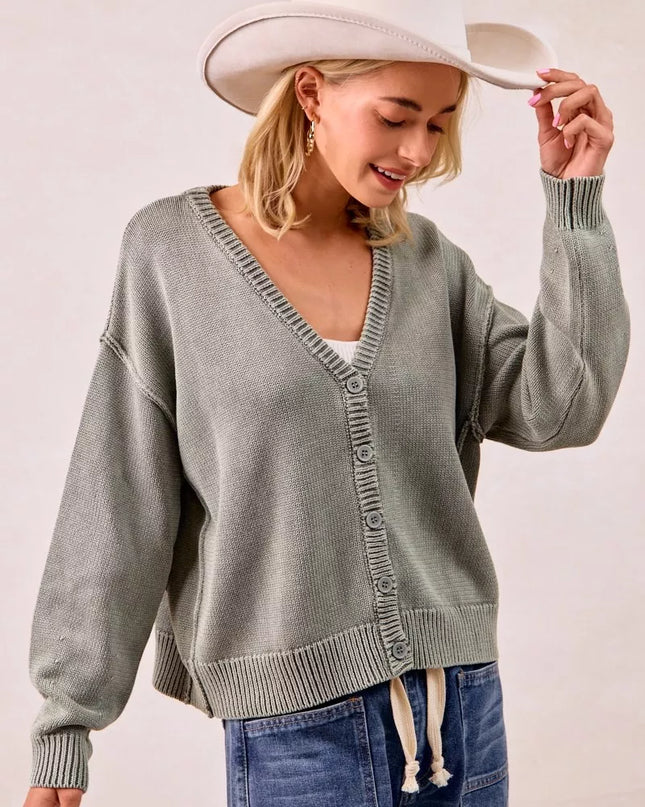 BiBi Washed Sweater V Neck Cardigan - Sleekdenim.com