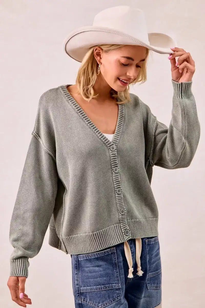 BiBi Washed Sweater V Neck Cardigan - Sleekdenim.com