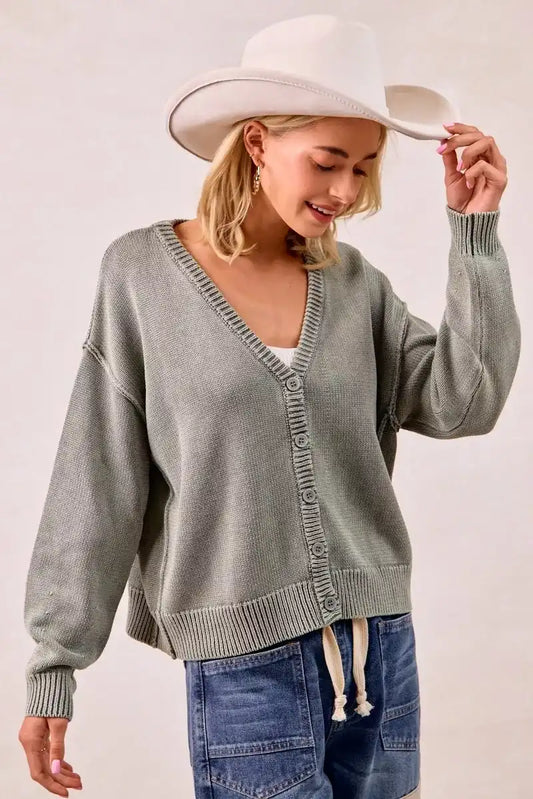 BiBi Washed Sweater V Neck Cardigan - Sleekdenim.com