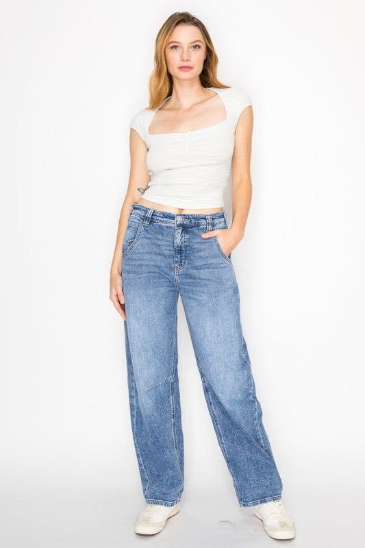 AT2083BRM Adjustable Strap Waistband Barrel Jeans - Sleekdenim.com