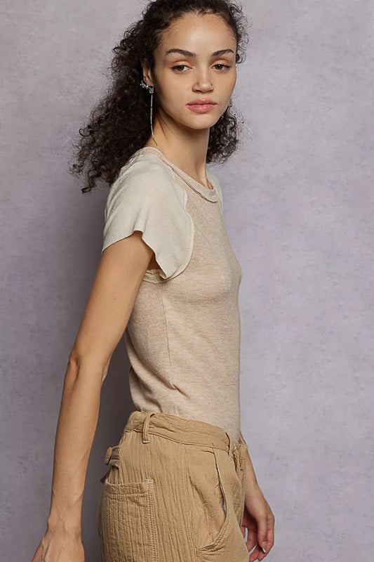 POL Outseam Detail Ribbed T-Shirt with Contrast Color Sleeves - Sleekdenim.com