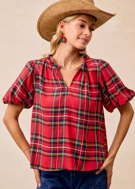BiBi Christmas Plaid Short Sleeves Ruffled Blouse - Sleekdenim.com