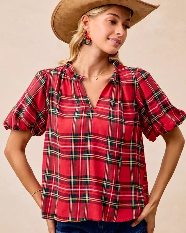 BiBi Christmas Plaid Short Sleeves Ruffled Blouse - Sleekdenim.com