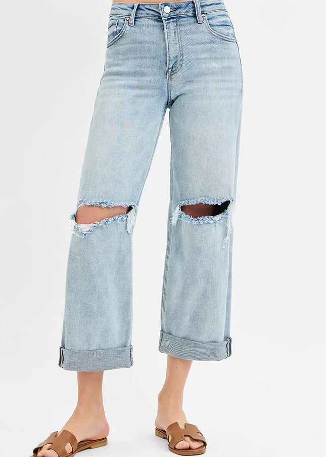 RISEN Full Size Mid Rise Fit Boyfriend Jeans with Cuff Plus Size - Sleekdenim.com