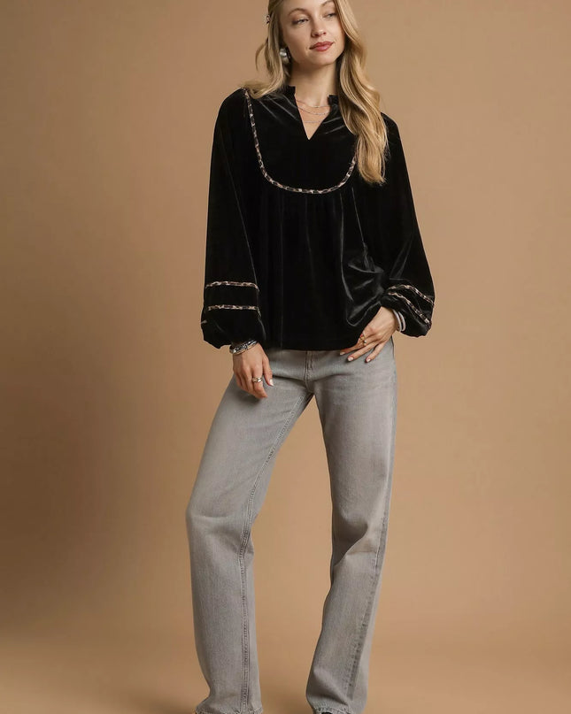 Umgee Velvet Long Sleeve Blouse with Contrast Trim - Sleekdenim.com