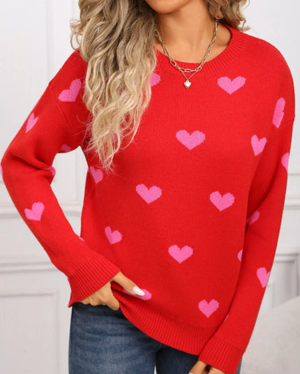 Valentine's Day Heart Pattern Dropped Shoulder Sweater - Sleekdenim.com
