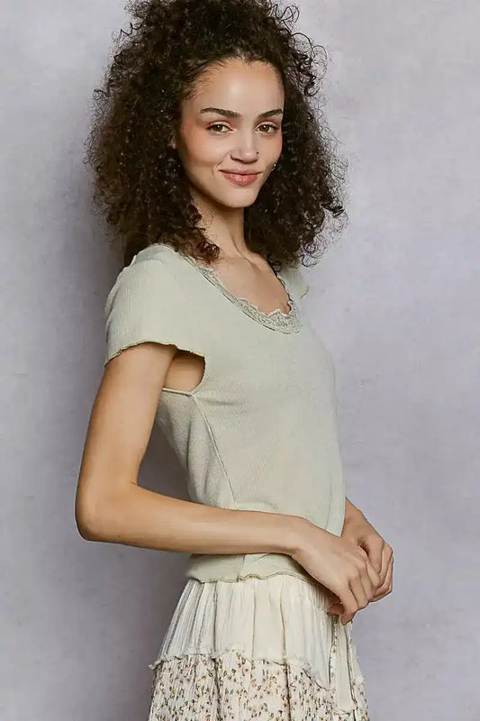 POL Round Neck Short Sleeve Crop T-Shirt with Lace Trim - Sleekdenim.com