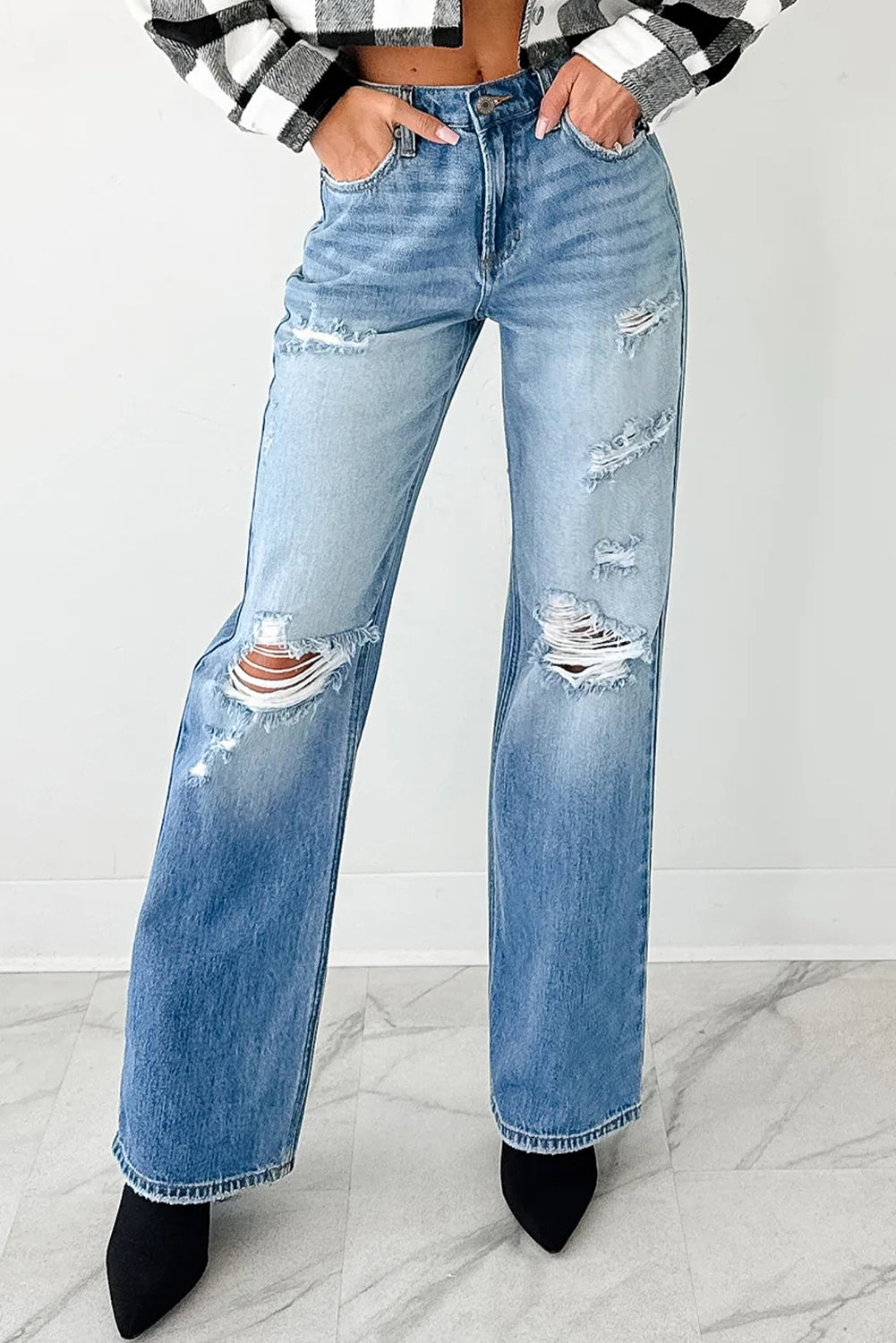 Myosotis Mid Rise Distressed Straight Leg Jeans - Sleekdenim.com