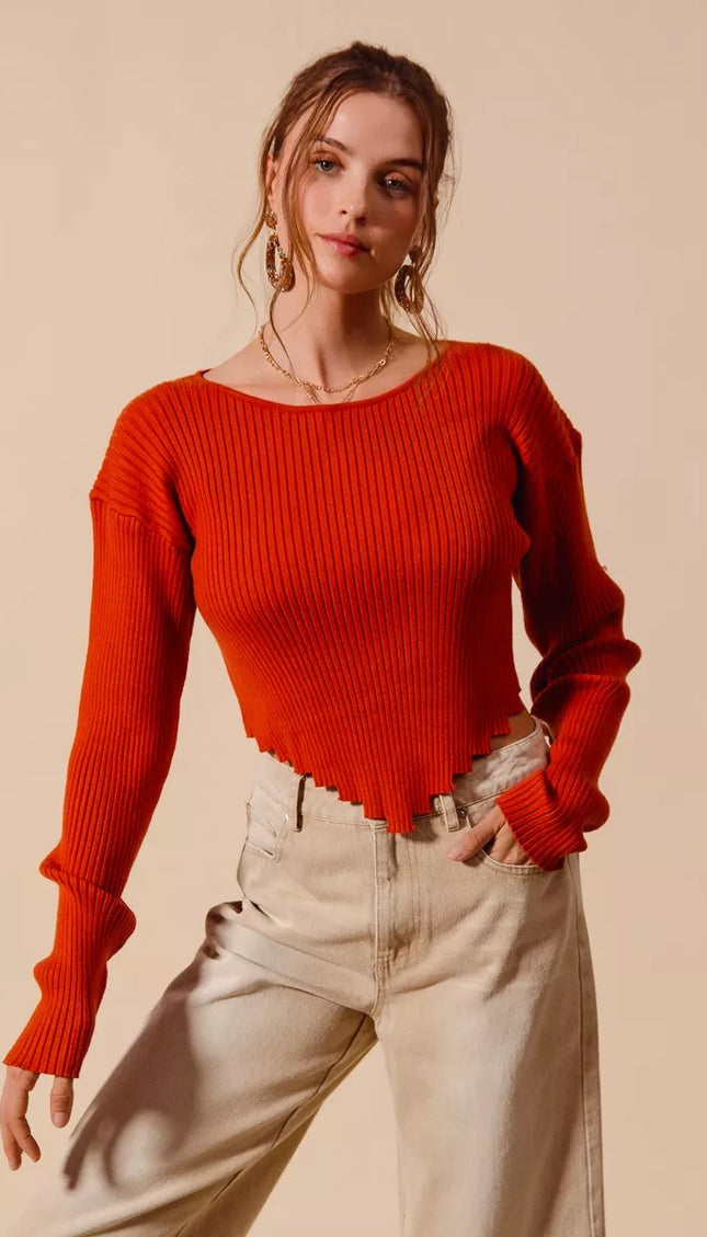 SO ME Rib Knitted Crop Sweater Top With Shaped Hem - Sleekdenim.com