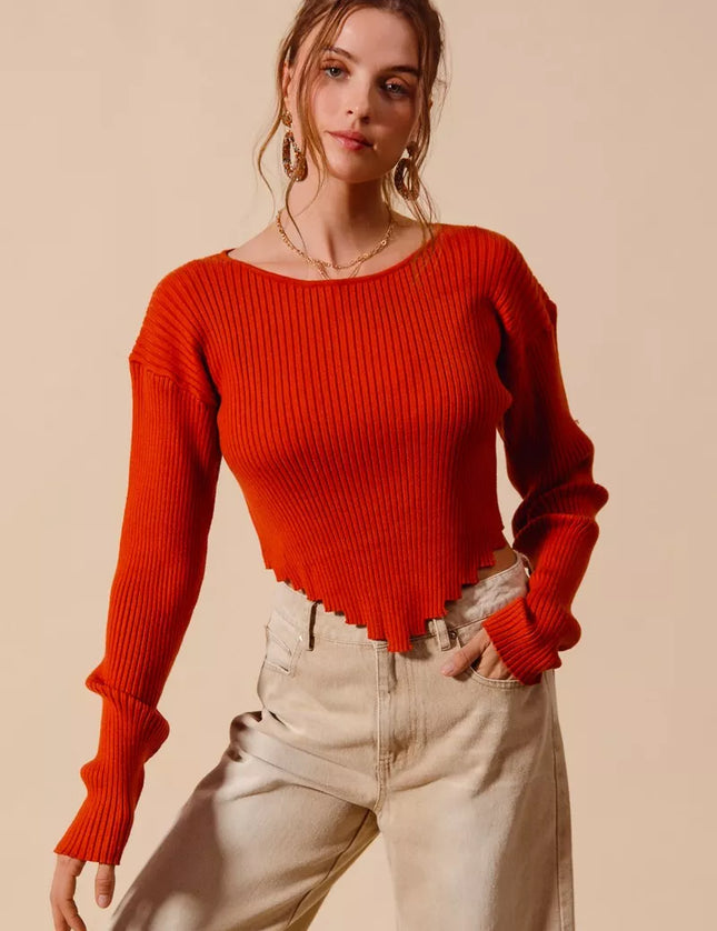 SO ME Rib Knitted Crop Sweater Top With Shaped Hem - Sleekdenim.com
