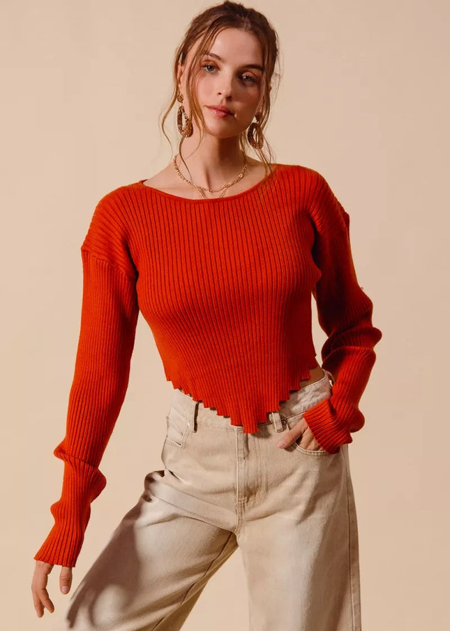 SO ME Rib Knitted Crop Sweater Top With Shaped Hem - Sleekdenim.com