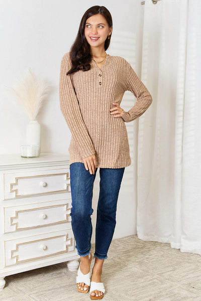 Double Take Notched Neck Ribbed Long Sleeve T-Shirt Khaki