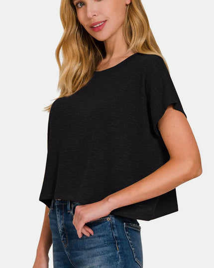 Zenana Round Neck Short Sleeve Crop T-Shirt - Sleekdenim.com
