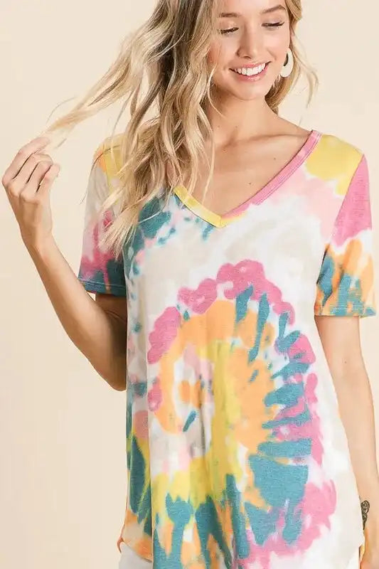 BiBi Circular Tie Dye Print V Neck Top - Sleekdenim.com