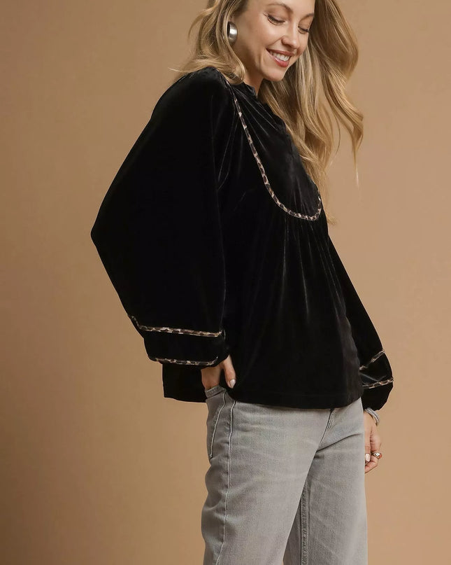 Umgee Velvet Long Sleeve Blouse with Contrast Trim - Sleekdenim.com