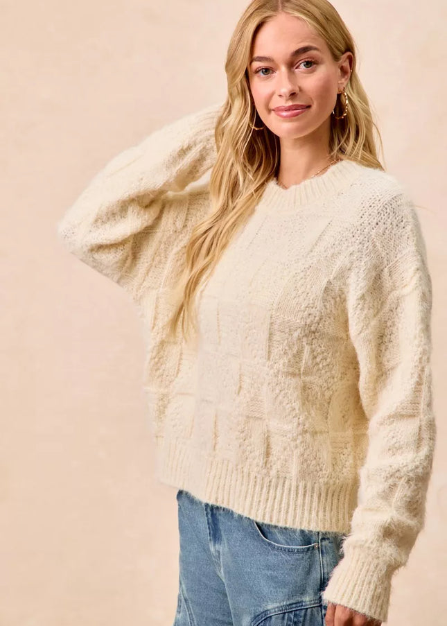 BiBi Checker Board Drop Shoulder Sweater - Sleekdenim.com