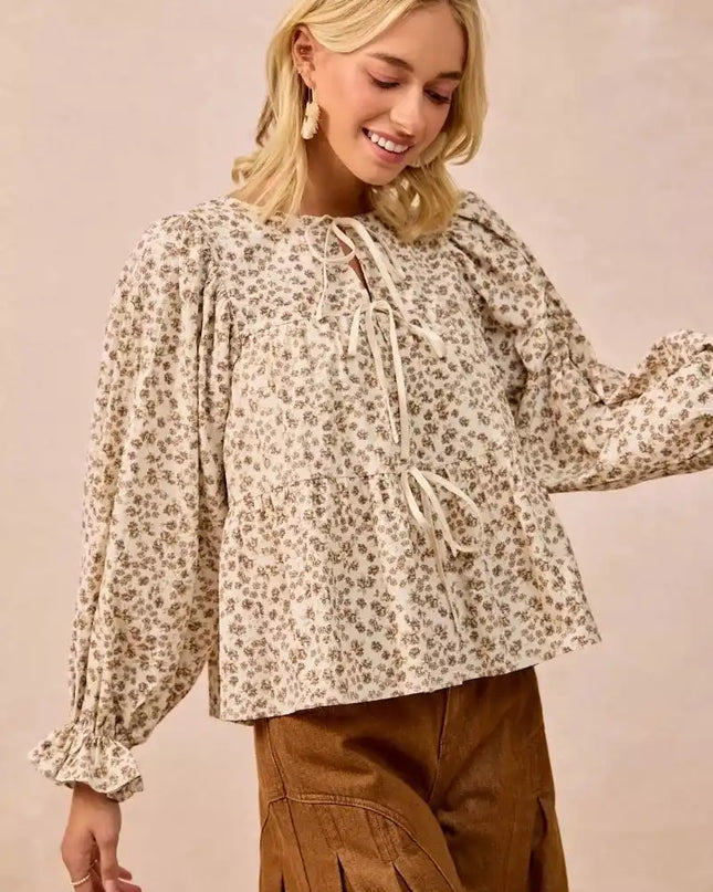 BiBi Floral Printed Peplum Blouse with Shirring and Tied - Sleekdenim.com