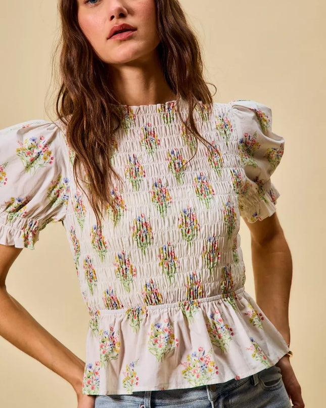 SO ME Floral Cotton Smocked Short Sleeves Blouse - Sleekdenim.com