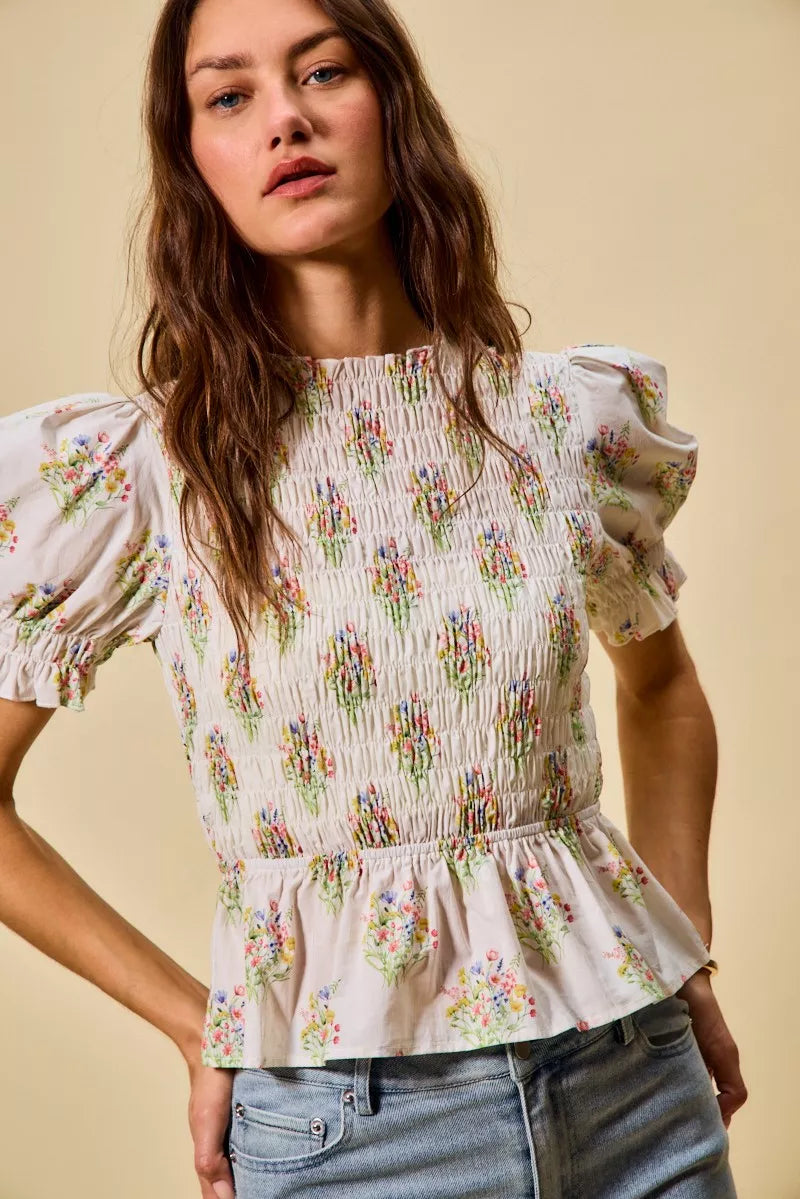 SO ME Floral Cotton Smocked Short Sleeves Blouse - Sleekdenim.com