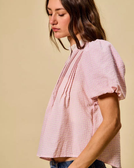 SO ME Gingham Lace Trim Button Bubble Sleeves Blouse - Sleekdenim.com