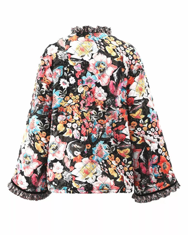 Full Size Floral Print Quilted Sherpa-Lined Jacket Plus Size - Sleekdenim.com